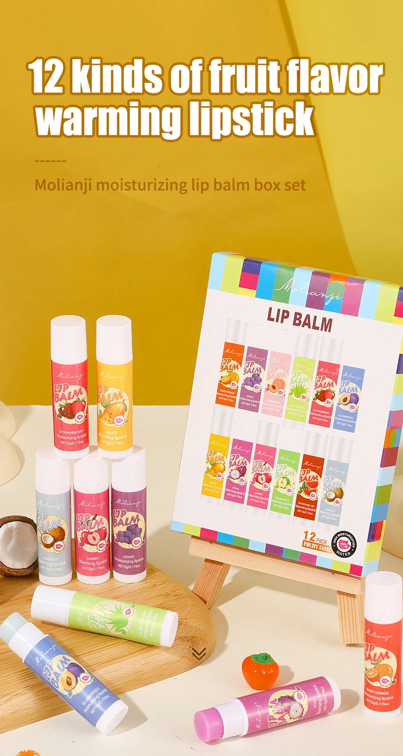 12-Piece Fruity Moisturizing Lip Balm Set for Dry Lips