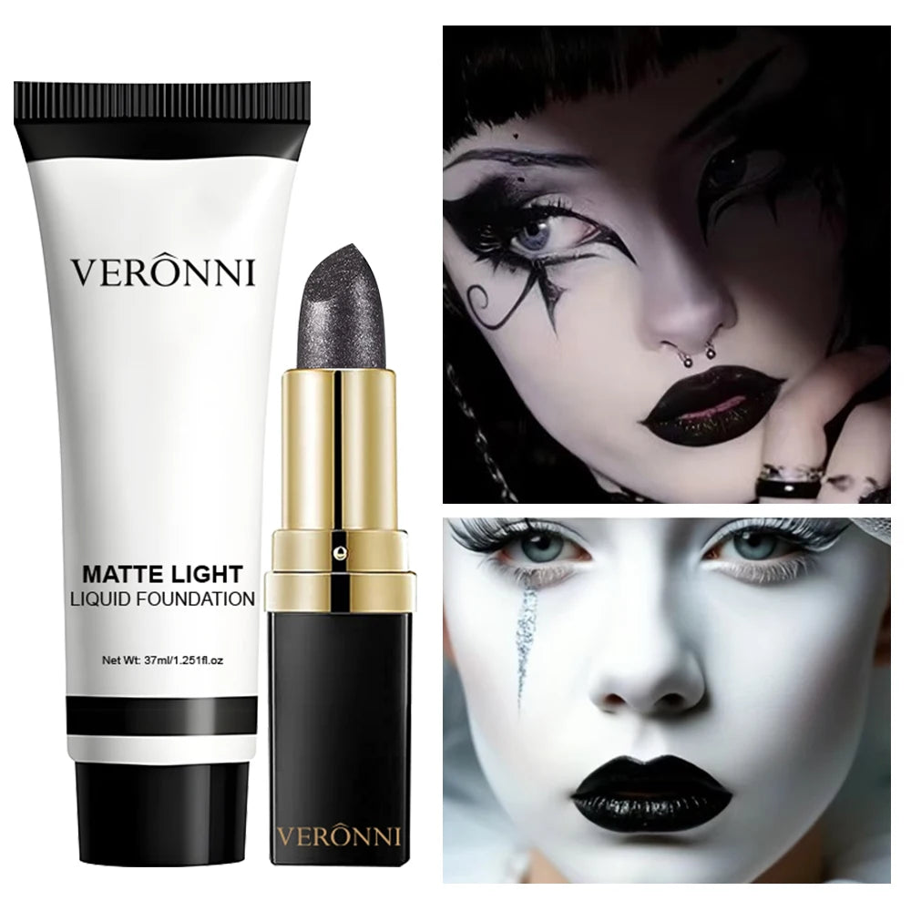 Halloween Matte White Foundation and Black Glitter Lipstick Set - 14