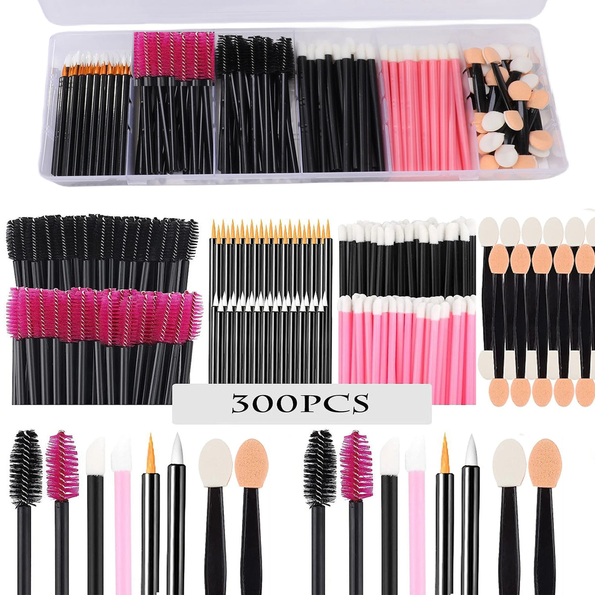 300-Piece Disposable Makeup Applicator and Brush Set with Storage Case