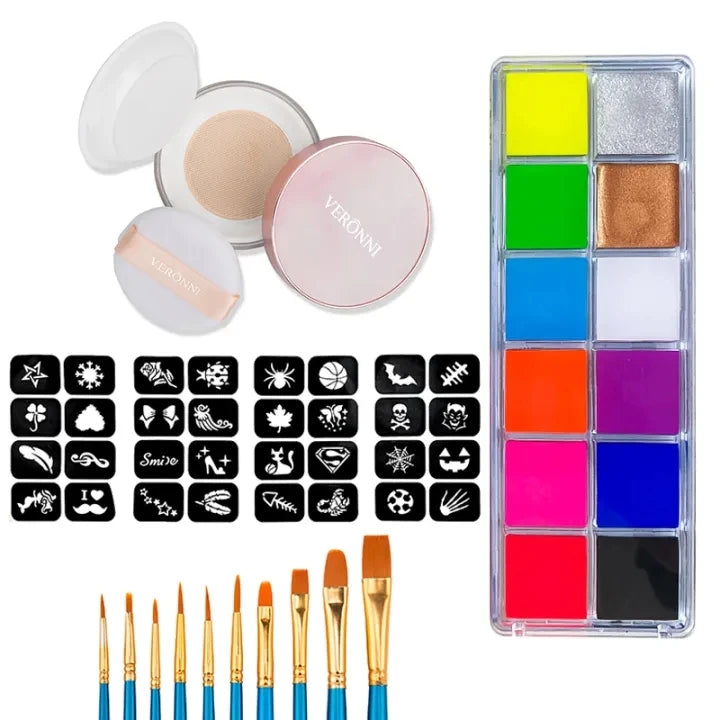 Professional 12-Color Face and Body Painting Kit with Setting Powder