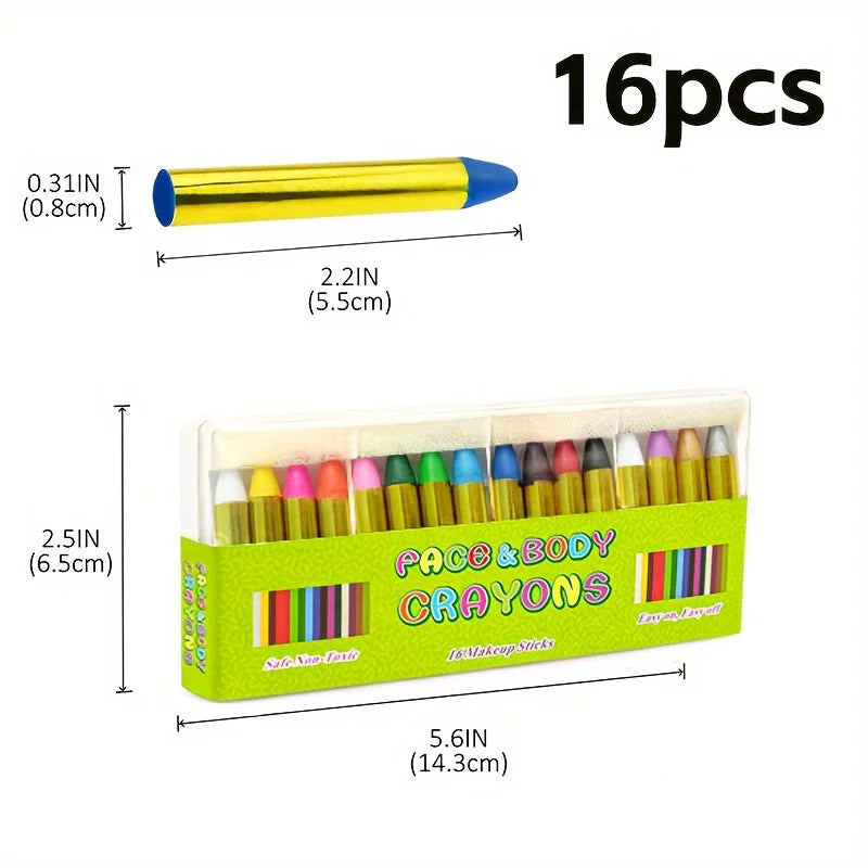 16-Color Face Paint Crayon Set for Parties and Halloween