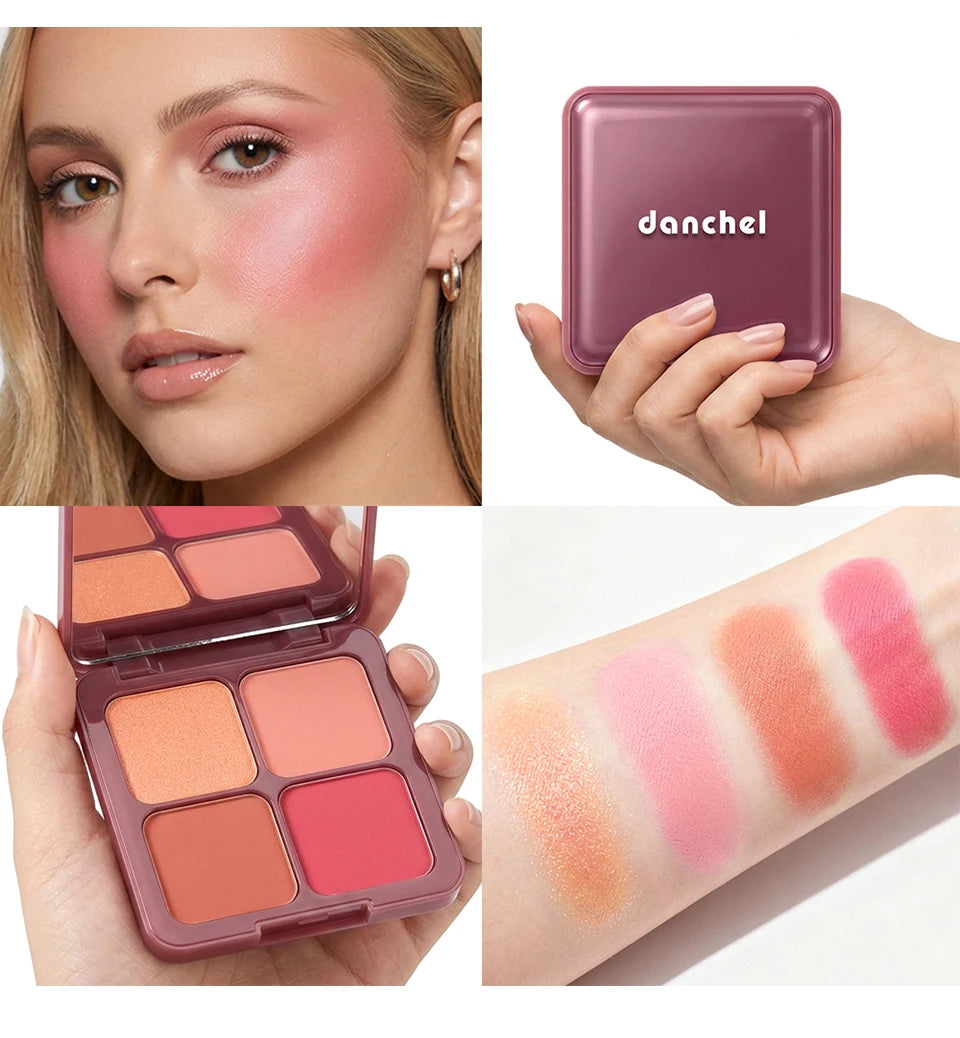 4-Color Matte Blush Palette with Soft Makeup Brush
