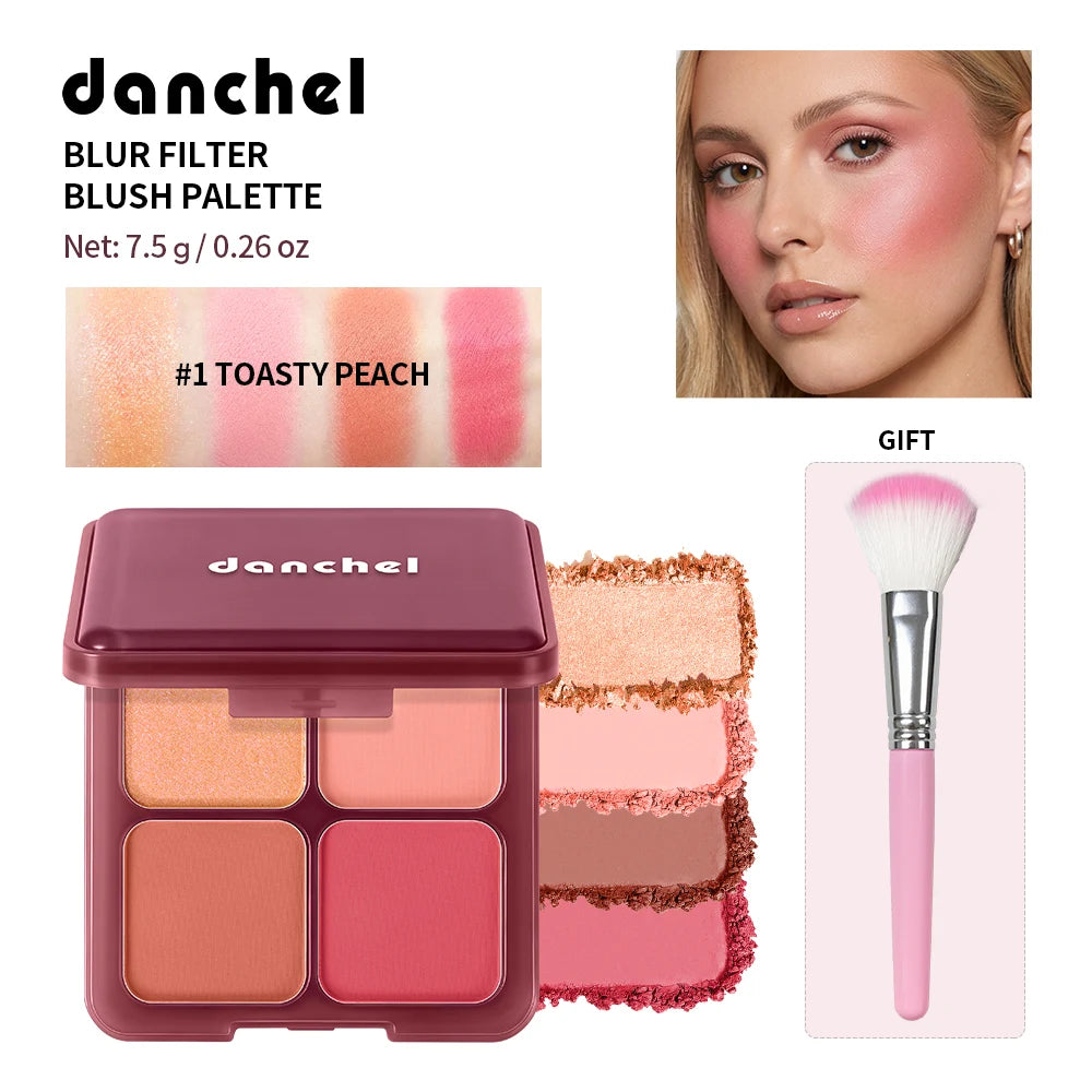 4-Color Matte Blush Palette with Soft Makeup Brush