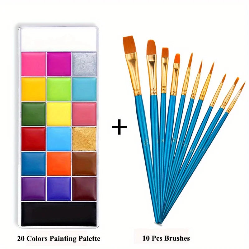 20-Color Professional Face and Body Paint Palette with Brushes