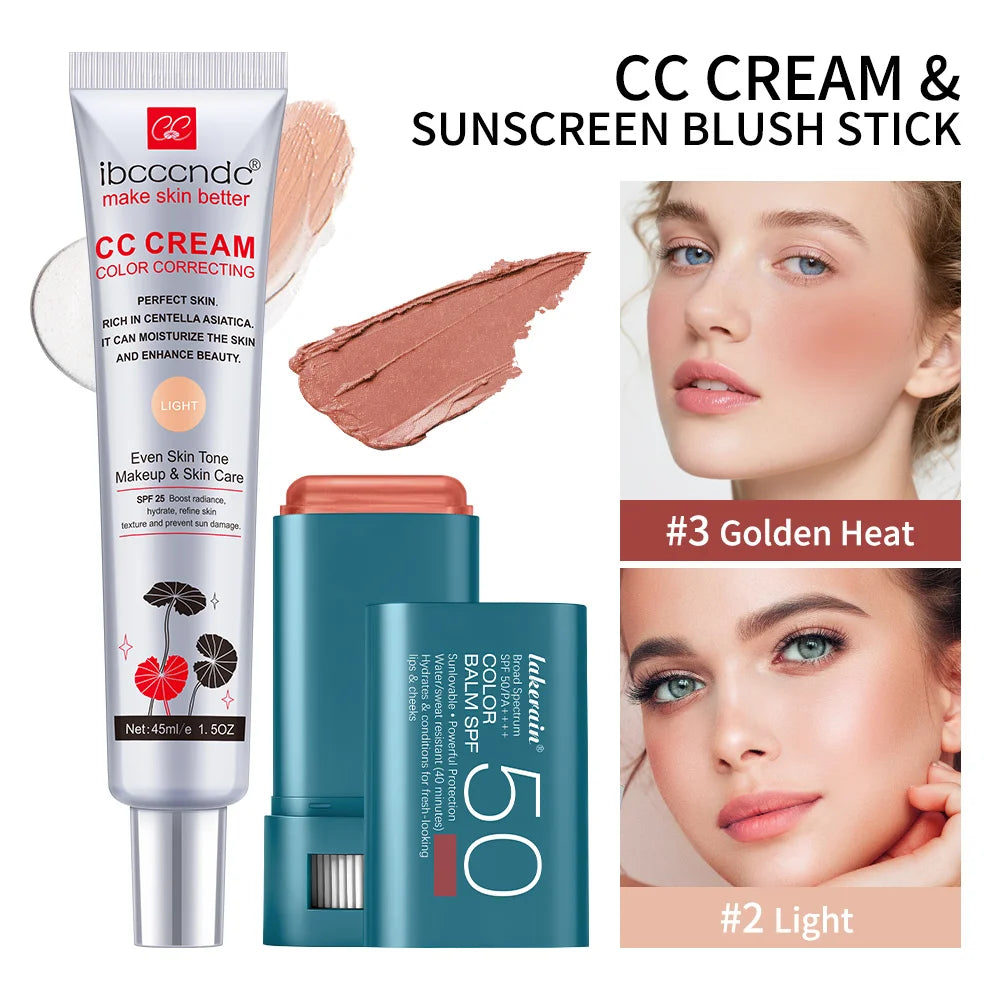 Color Correcting CC Cream and Sunscreen Blush Stick Set - 33