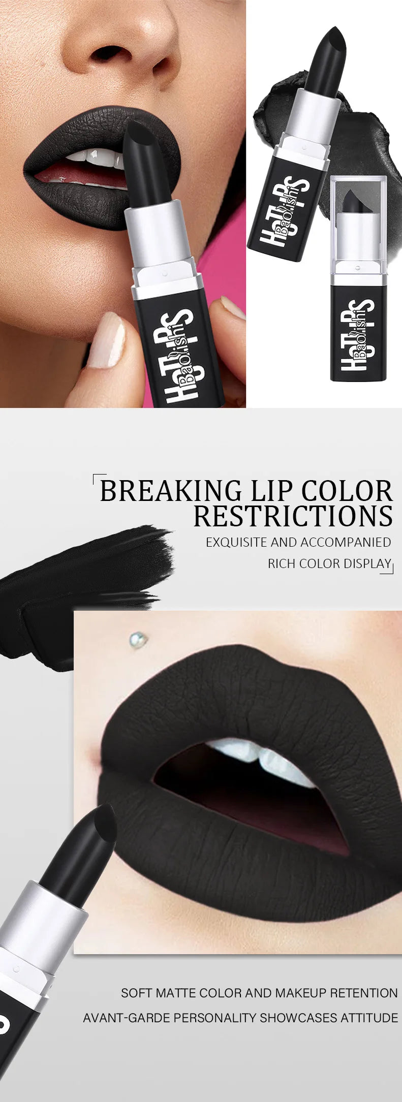 Matte Black Waterproof Lipstick for Halloween and Costume Makeup