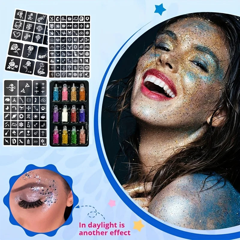 12-Color Temporary Glitter Tattoo and Body Art Kit - 3