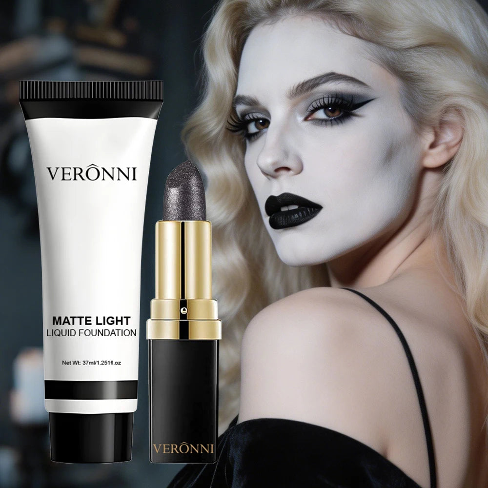 Halloween Matte White Foundation and Black Glitter Lipstick Set
