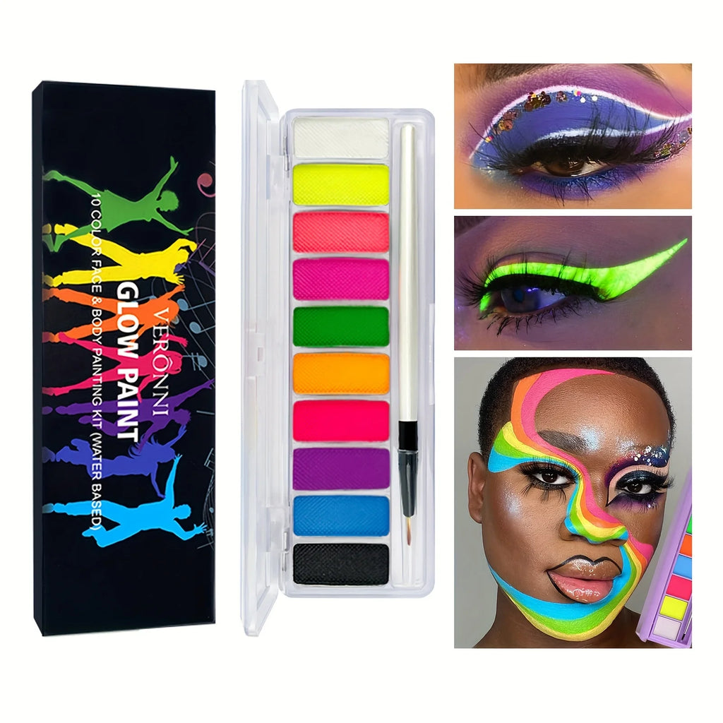 10-Color Neon UV Glow Face and Body Paint Palette