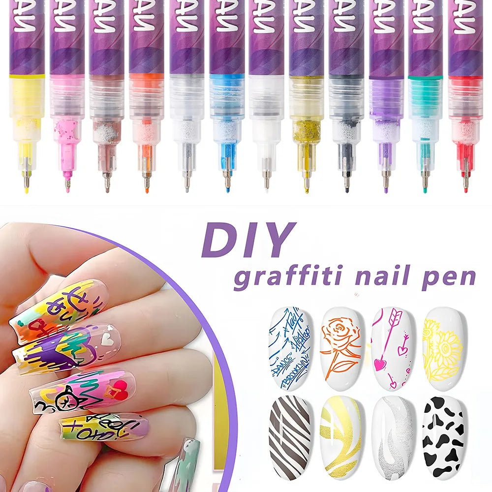 12-Piece Waterproof Nail Art Graffiti Marker Pens for DIY Designs