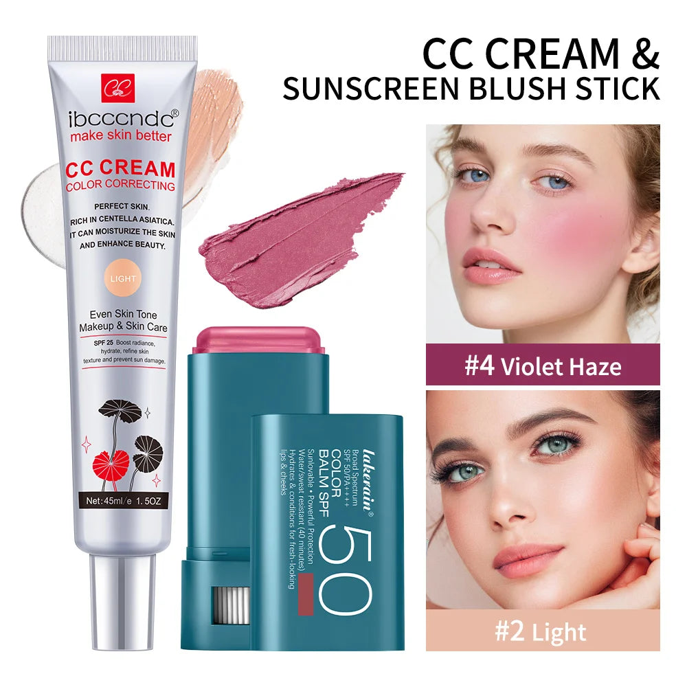 Color Correcting CC Cream and Sunscreen Blush Stick Set - 34