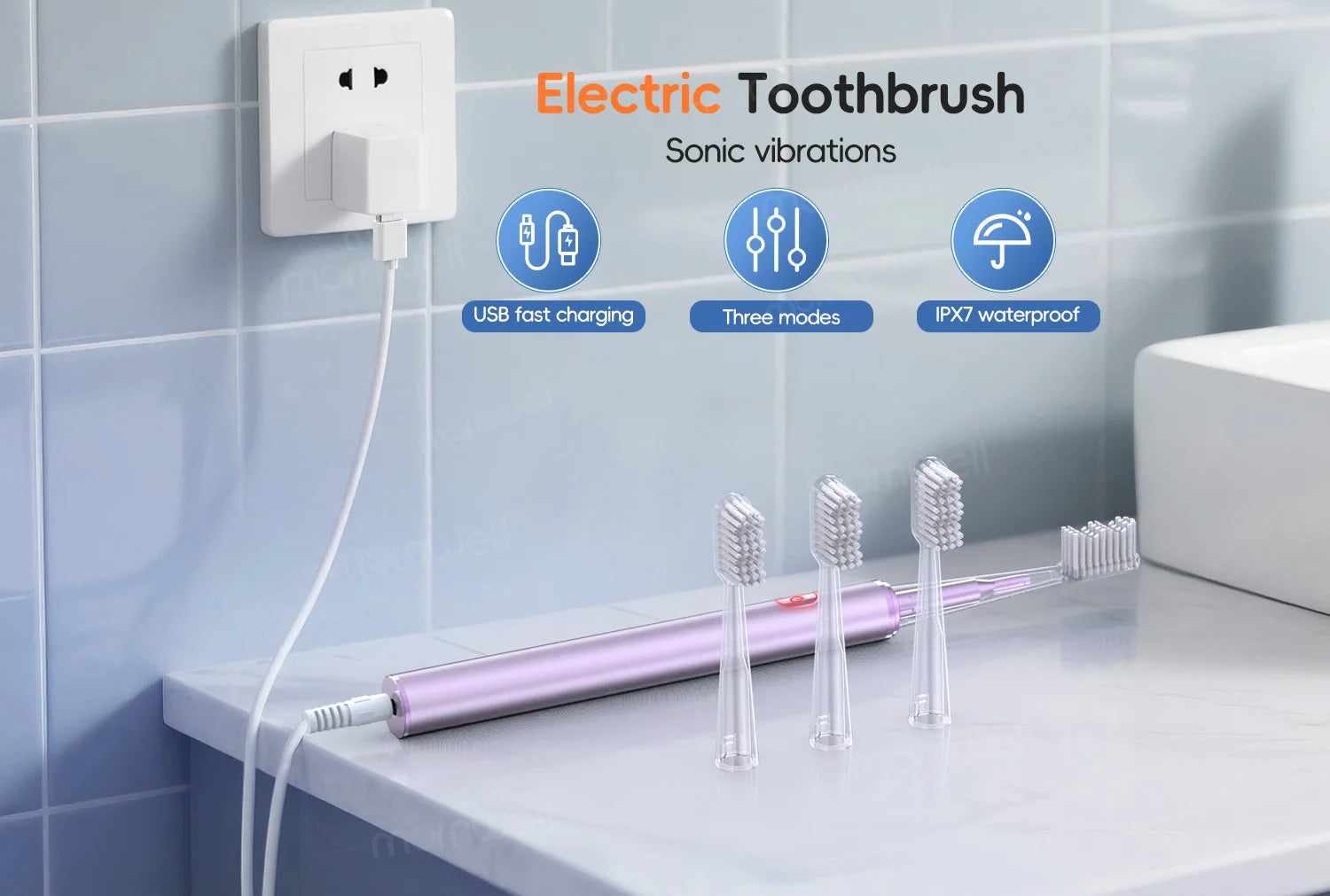 Sonic Rechargeable Electric Toothbrush with 4 Replacement Heads - 7