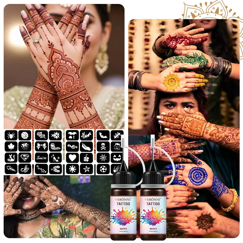 Temporary Henna Body Art Tattoo Juice Kit with Stencils