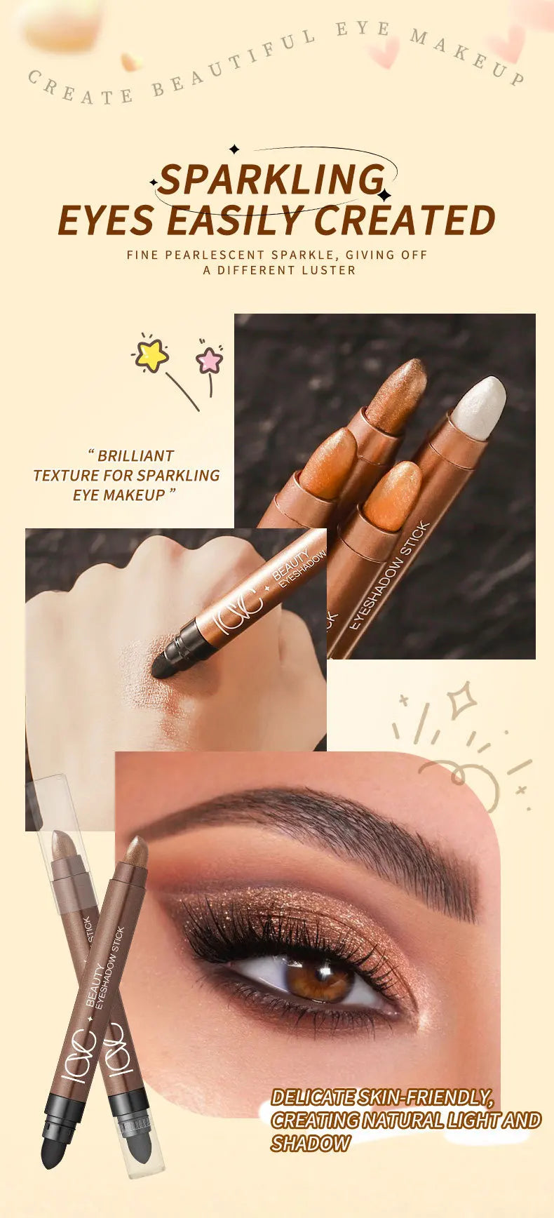Waterproof Shimmer Eyeshadow Stick for Long-Lasting Eye Makeup