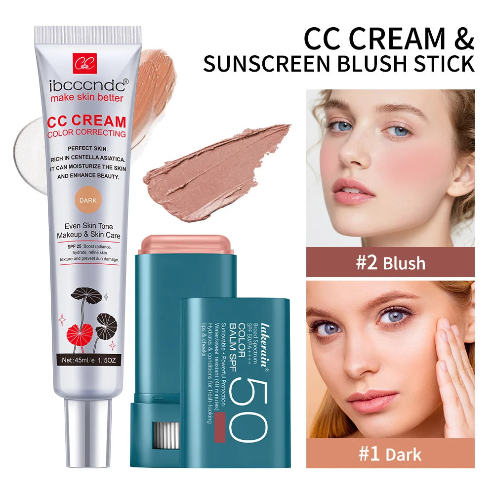 Color Correcting CC Cream and Sunscreen Blush Stick Set - 36