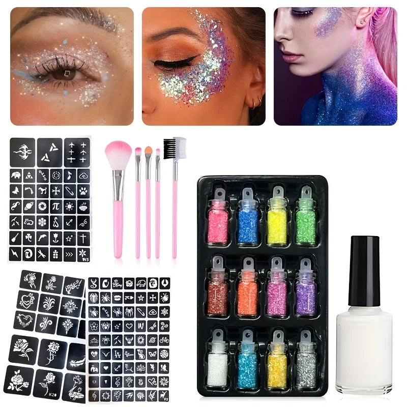 12-Color Temporary Glitter Tattoo and Body Art Kit