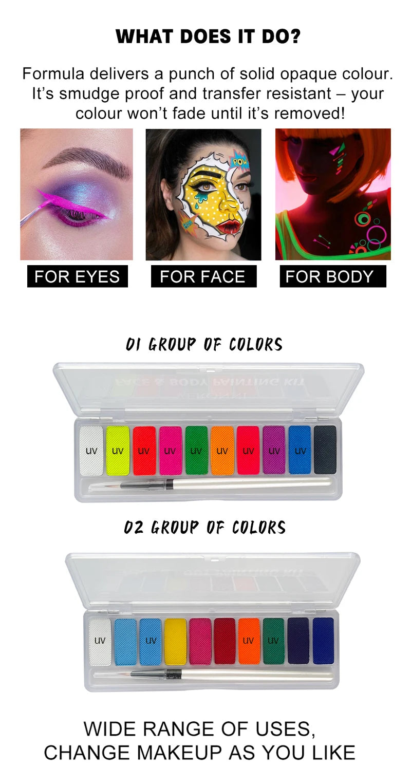 10-Color UV Glow Face and Body Paint Palette - 8