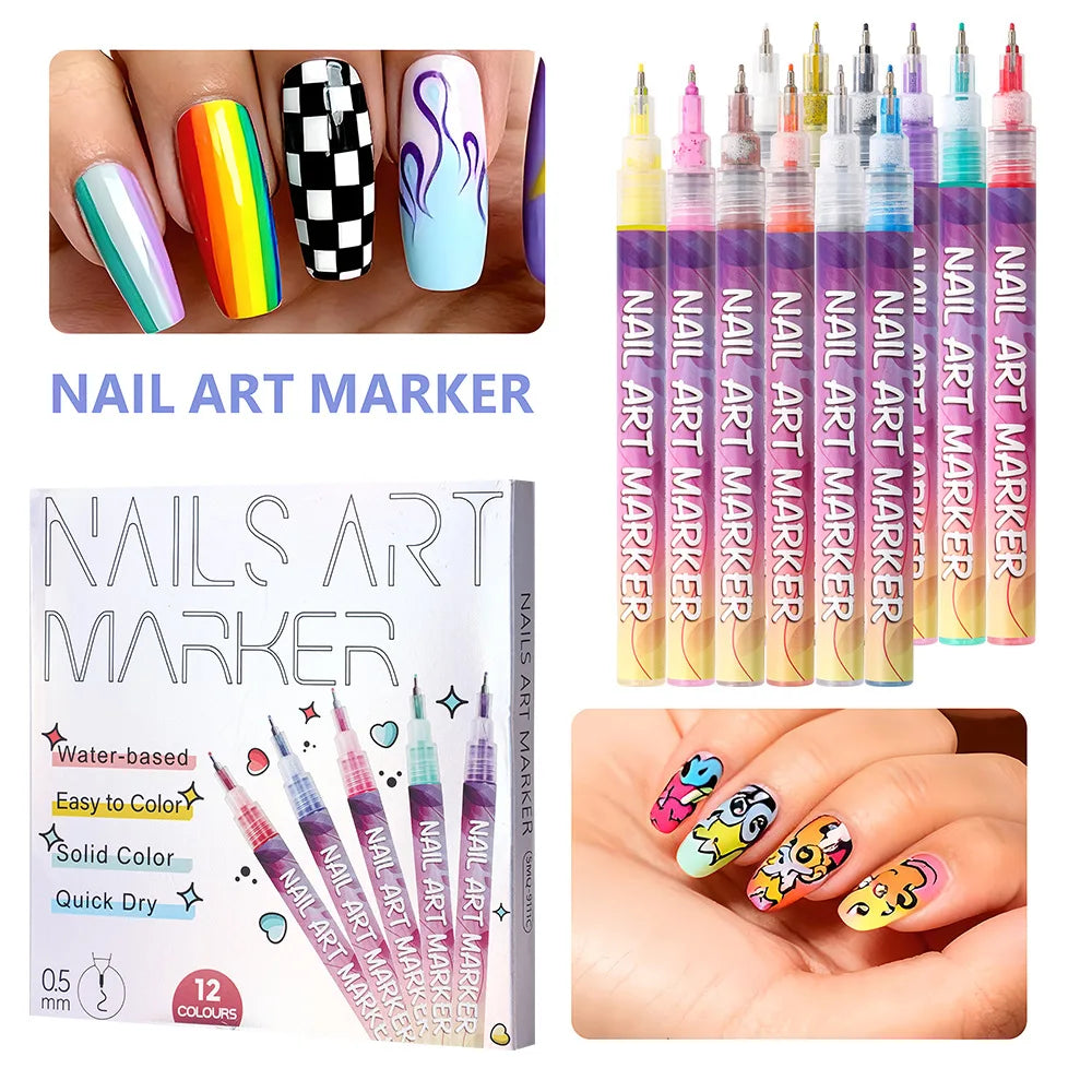 12-Piece Waterproof Nail Art Graffiti Marker Pens for DIY Designs