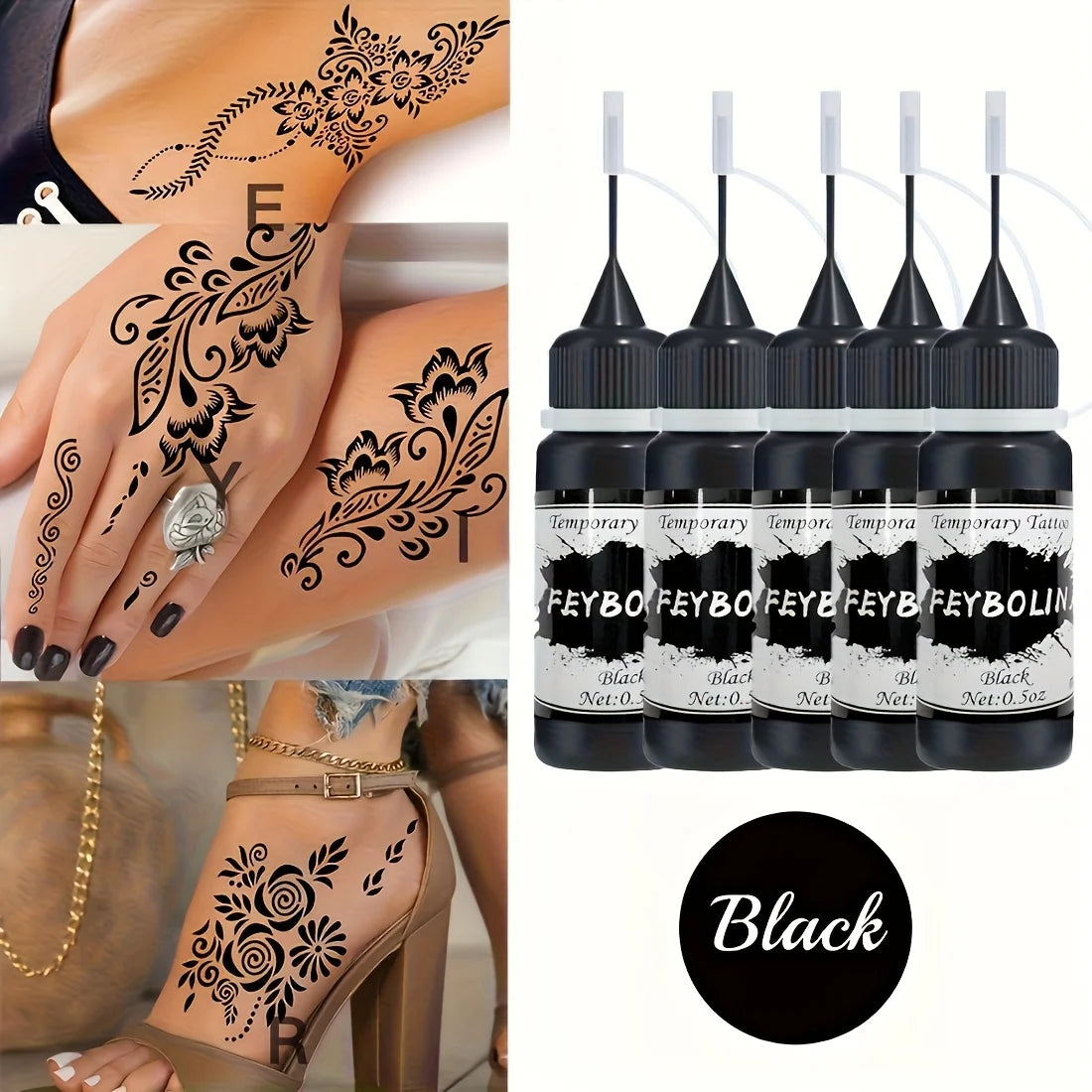 Temporary Black Henna Tattoo Gel for Festivals and Body Art - 19