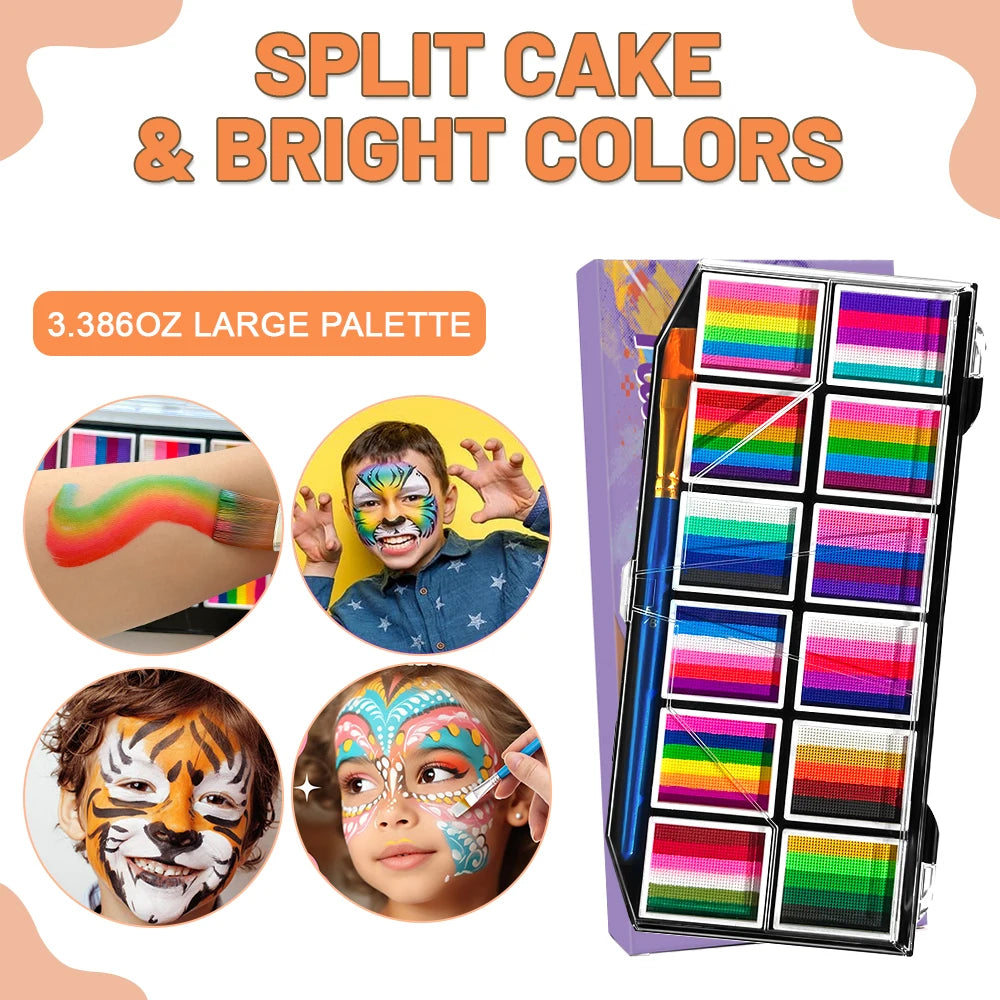 12-Color Rainbow Face and Body Paint Palette for Kids and Parties - 10