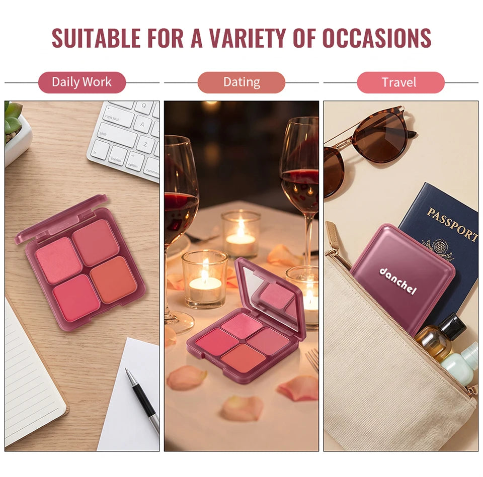 4-Color Matte Blush Palette with Soft Makeup Brush - 13