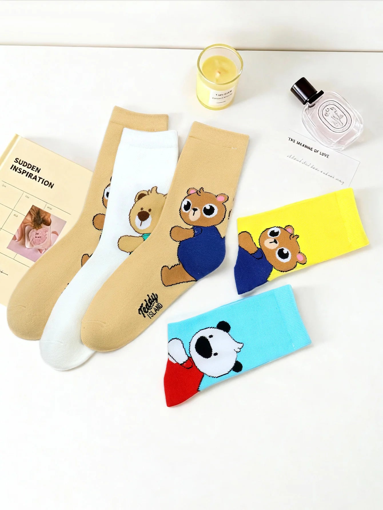 Cute Teddy Bear Print Crew Socks for Women - 5