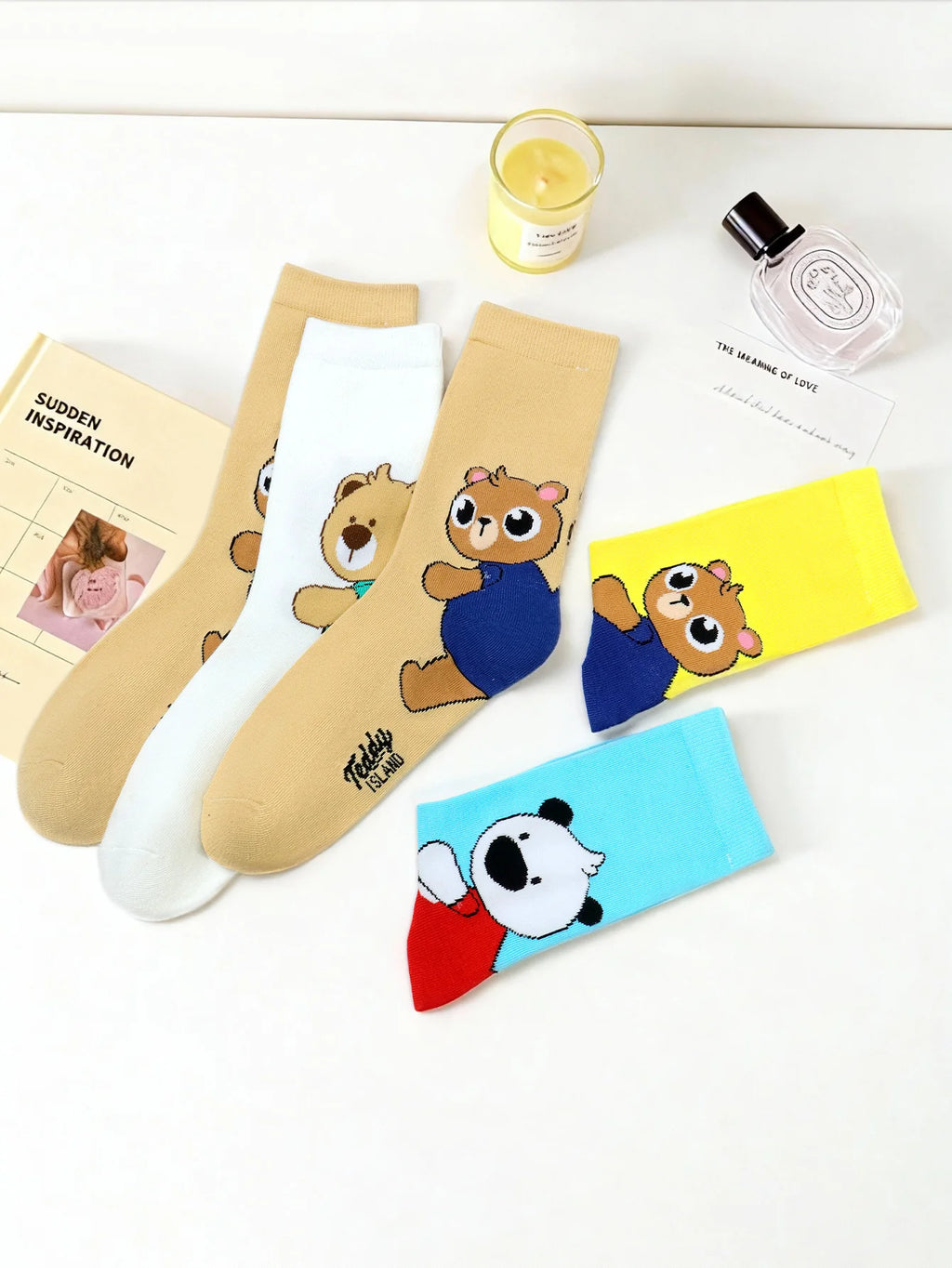 Cute Teddy Bear Print Crew Socks for Women