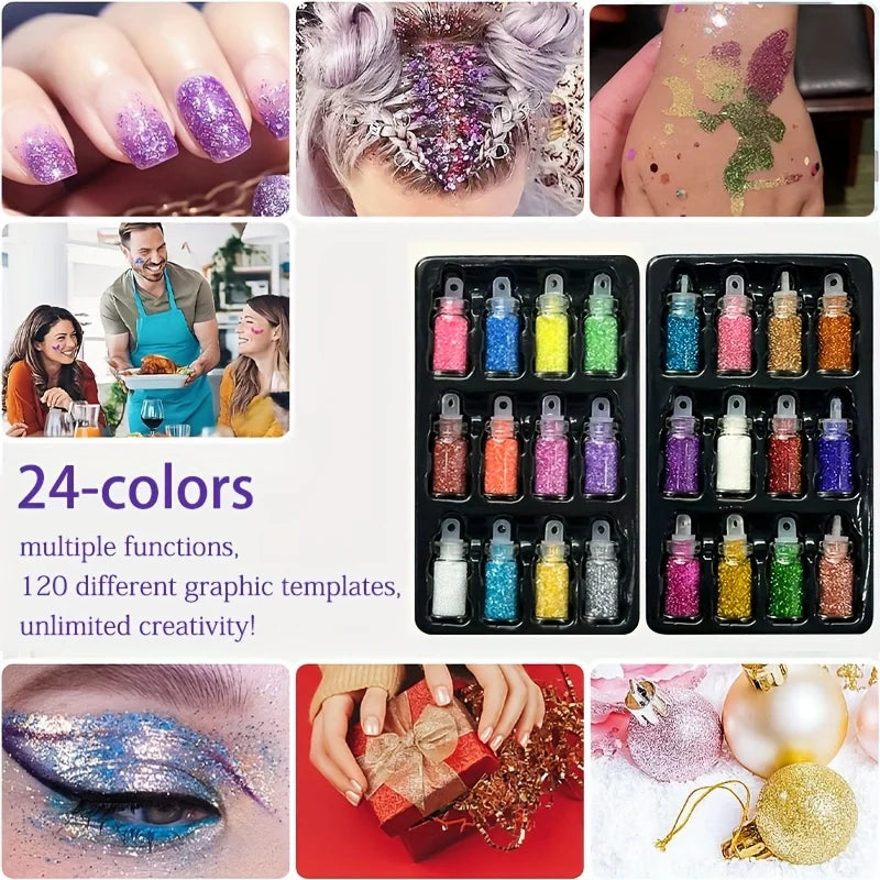 24-Color Glitter Temporary Tattoo Kit with Stencils and Brushes