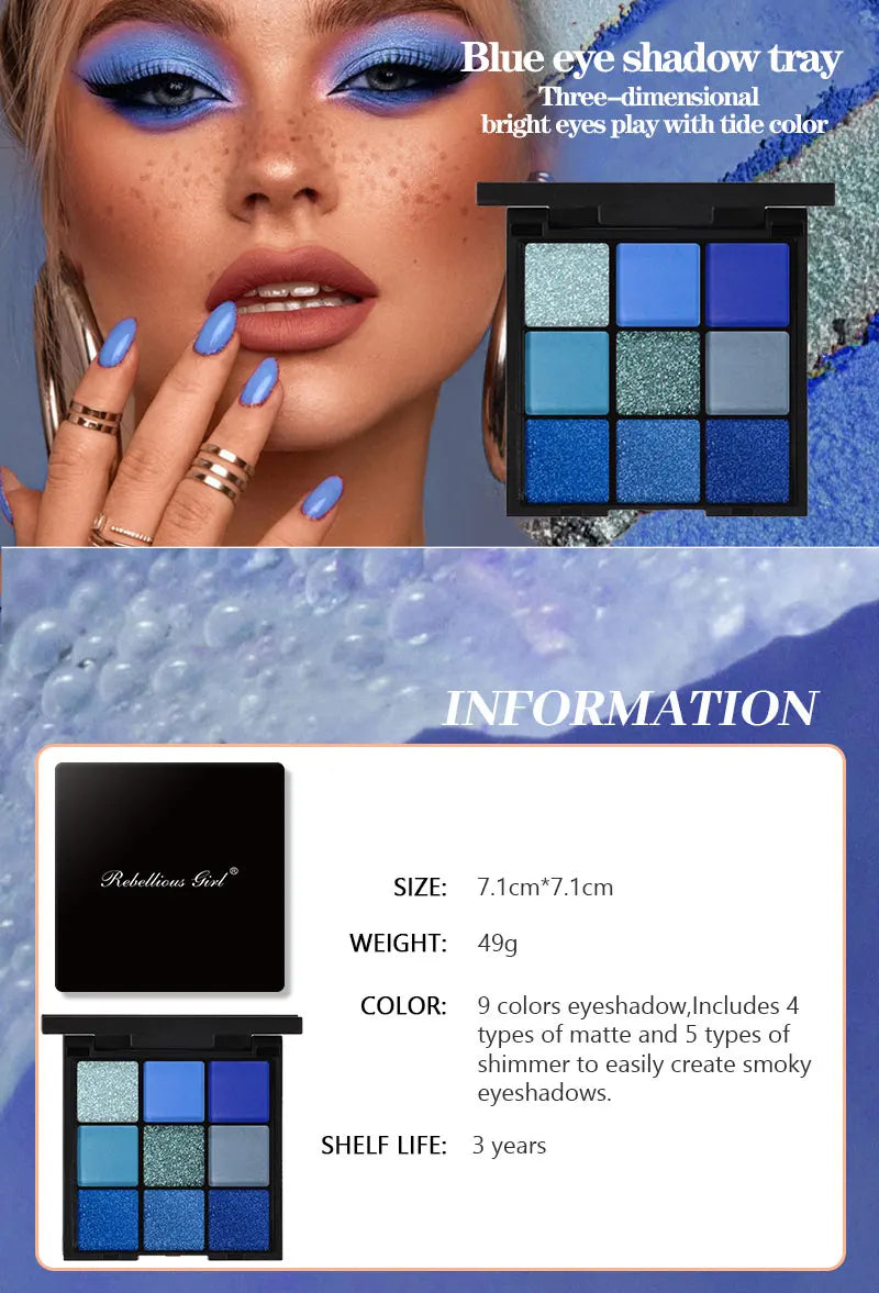 9-Color Blue Eyeshadow Palette for Festivals and Parties