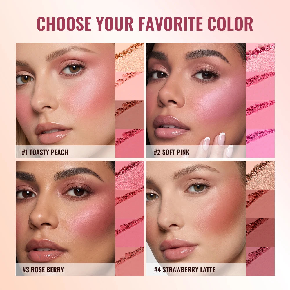 4-Color Matte Blush Palette with Soft Makeup Brush