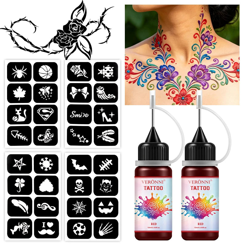 Temporary Henna Body Art Tattoo Juice Kit with Stencils