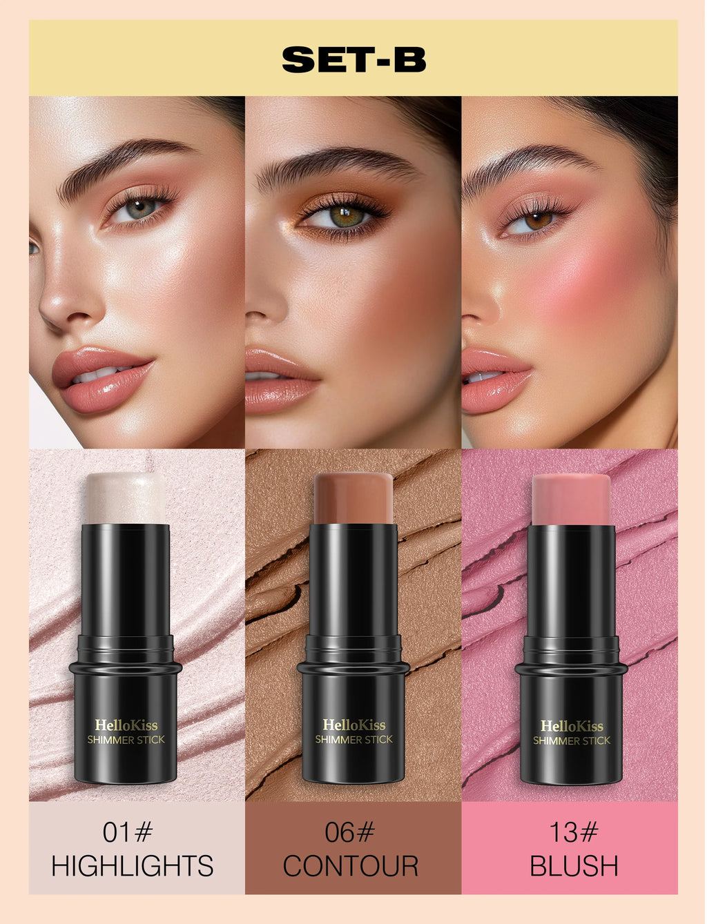 3-Piece Cream Contouring and Highlighting Makeup Stick Set