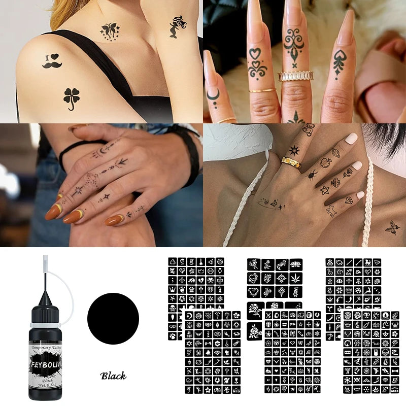 Temporary Tattoo Gel Kit with Stencil Templates for Body Art