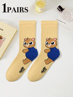 Cute Teddy Bear Print Crew Socks for Women