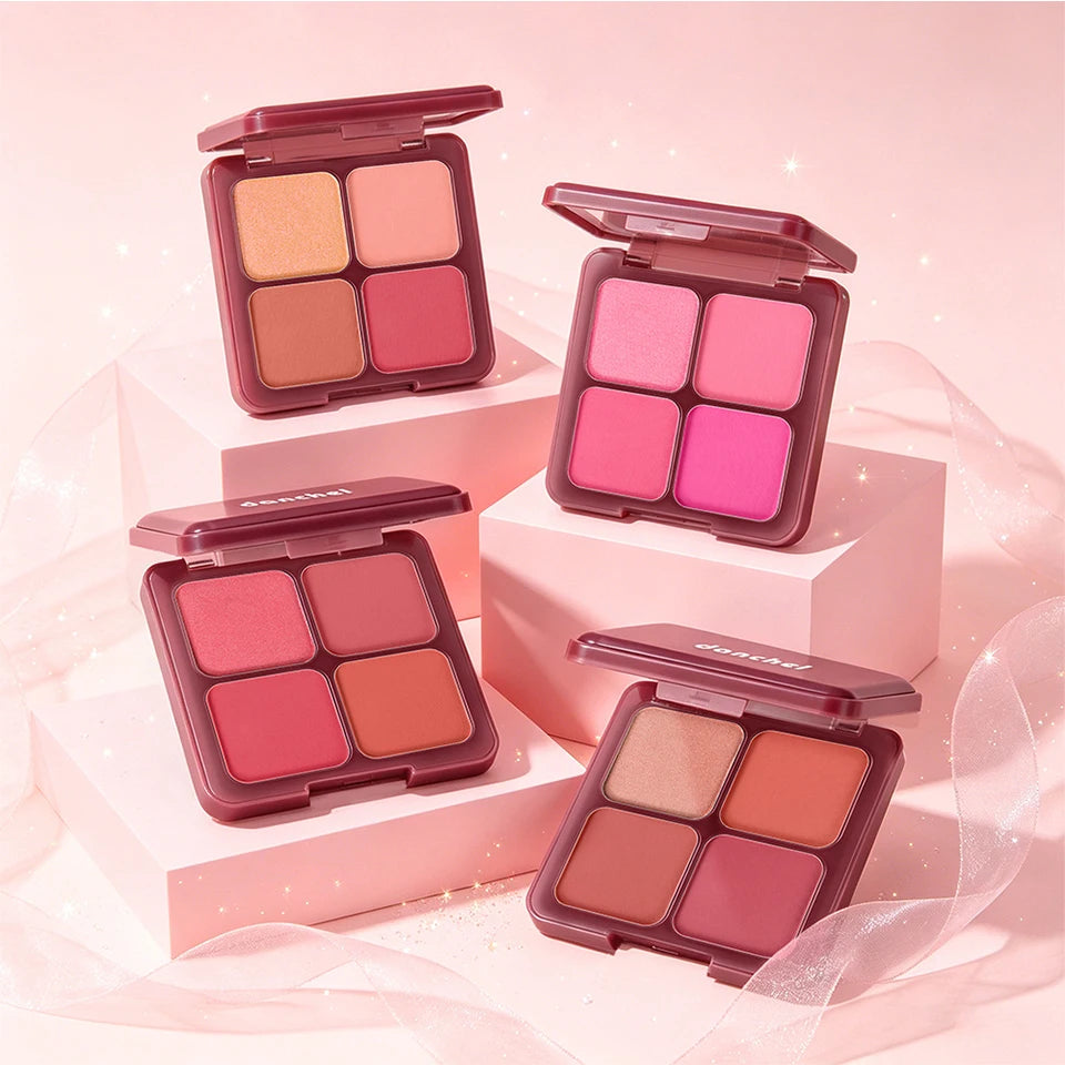 4-Color Matte Blush Palette with Soft Makeup Brush