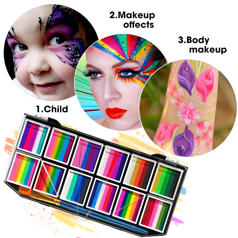 12-Color Rainbow Face and Body Paint Palette for Kids and Parties
