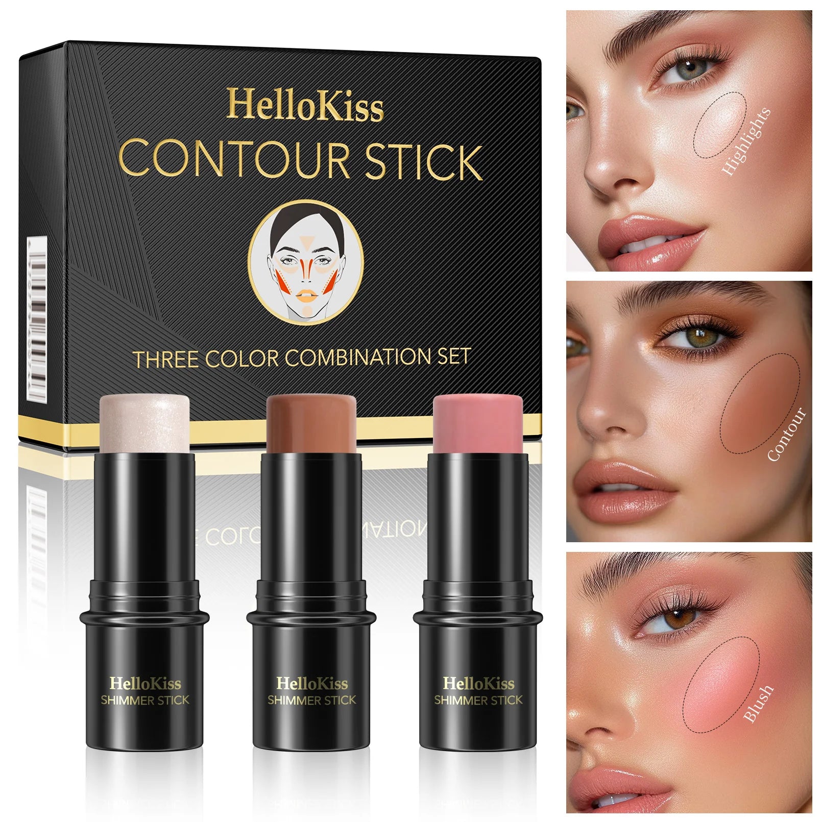 3-Piece Cream Contouring and Highlighting Makeup Stick Set