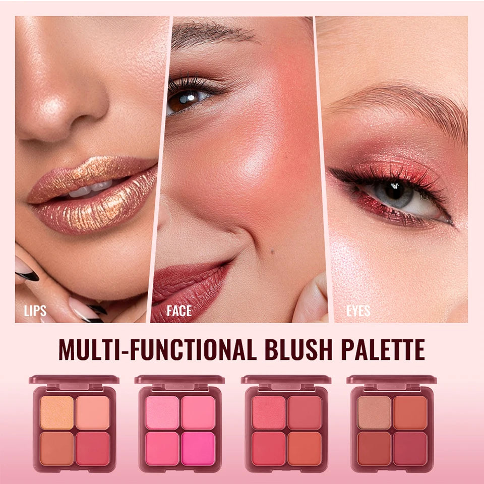 4-Color Matte Blush Palette with Soft Makeup Brush
