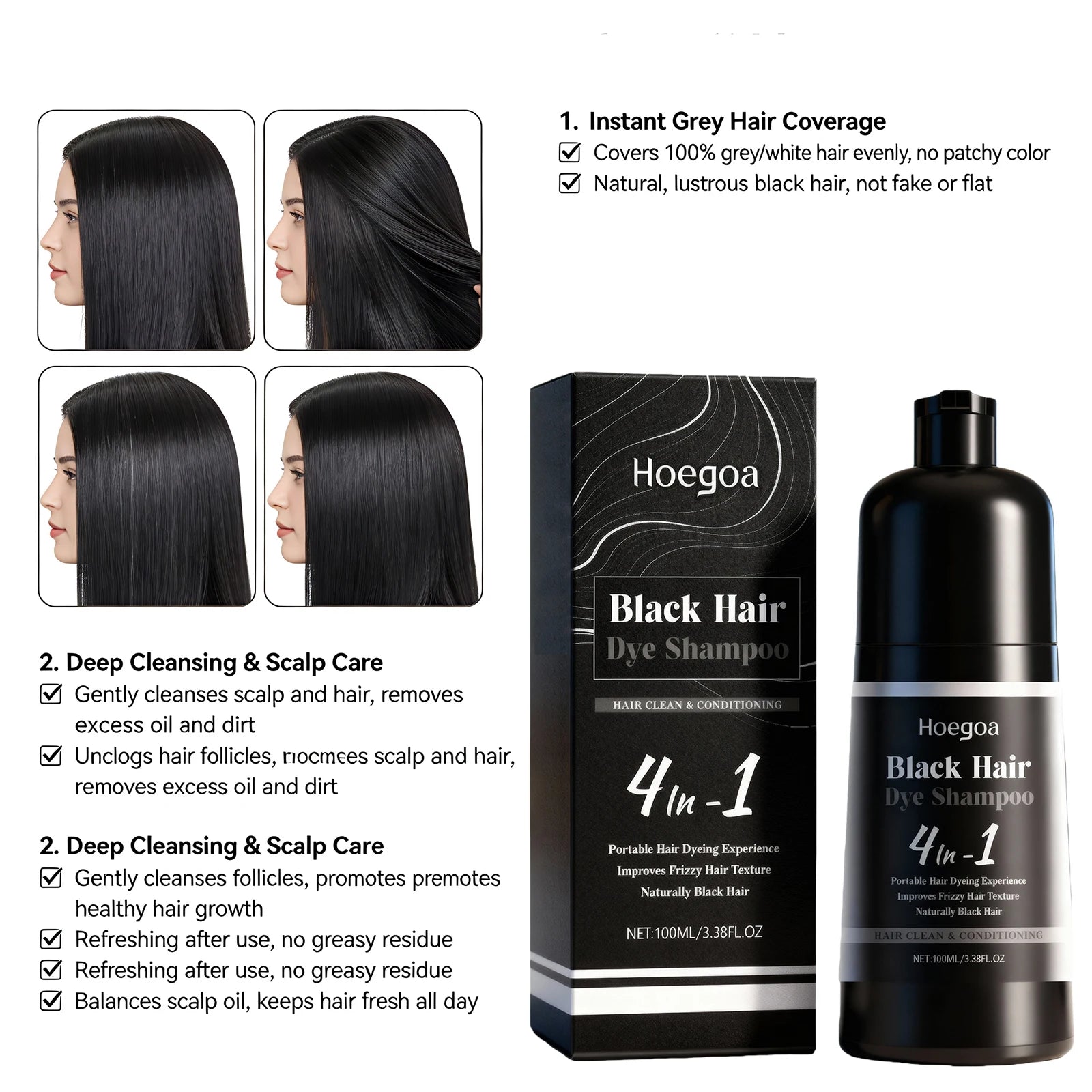 4-in-1 Instant Black Hair Dye and Nourishing Shampoo - 3