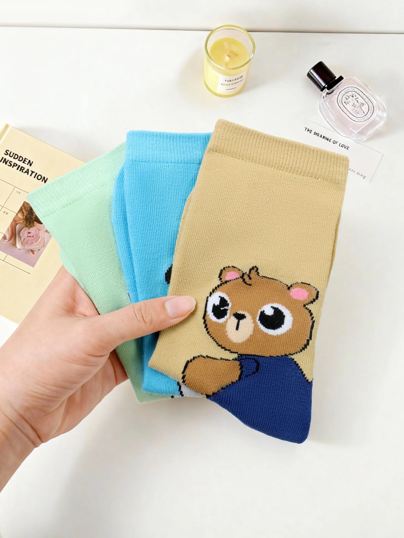 Cute Teddy Bear Print Crew Socks for Women - 2