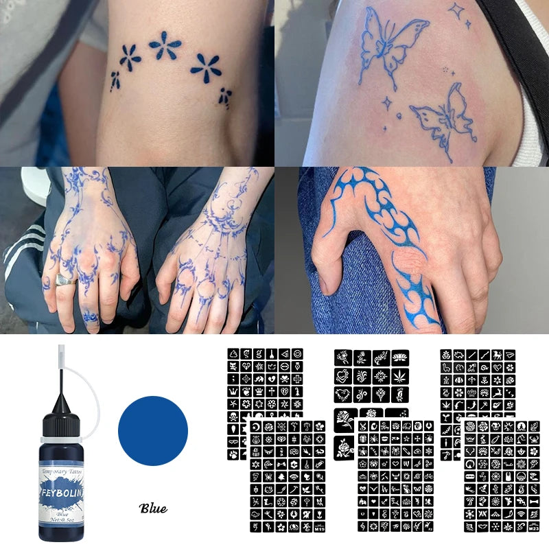 Temporary Tattoo Gel Kit with Stencil Templates for Body Art