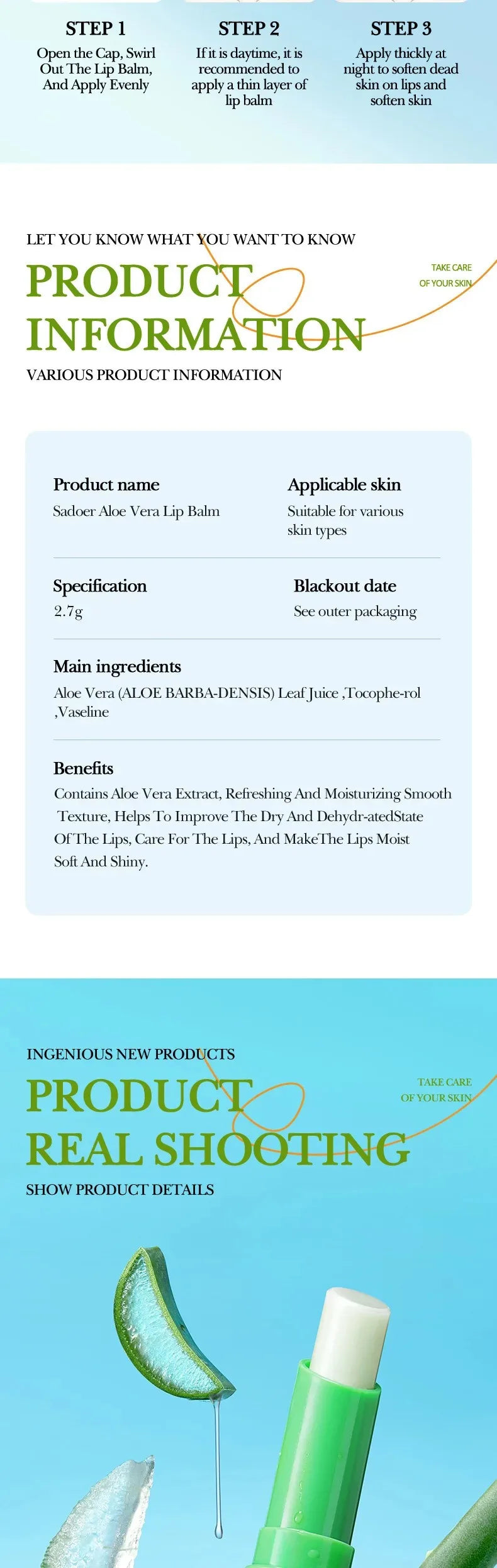 Aloe Vera Hydrating Lip Balm for Dry Chapped Lips