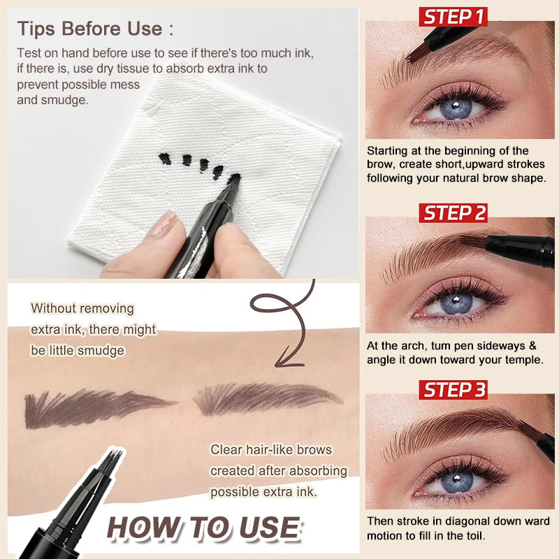 Waterproof 4-Tip Liquid Eyebrow Pen for Natural Brows