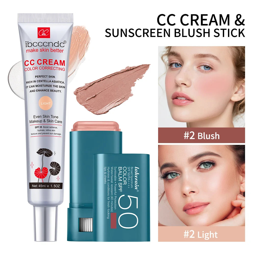 Color Correcting CC Cream and Sunscreen Blush Stick Set - 40