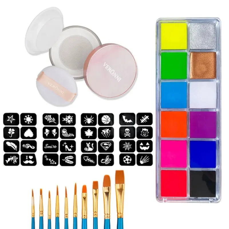 Professional 12-Color Face and Body Painting Kit with Setting Powder