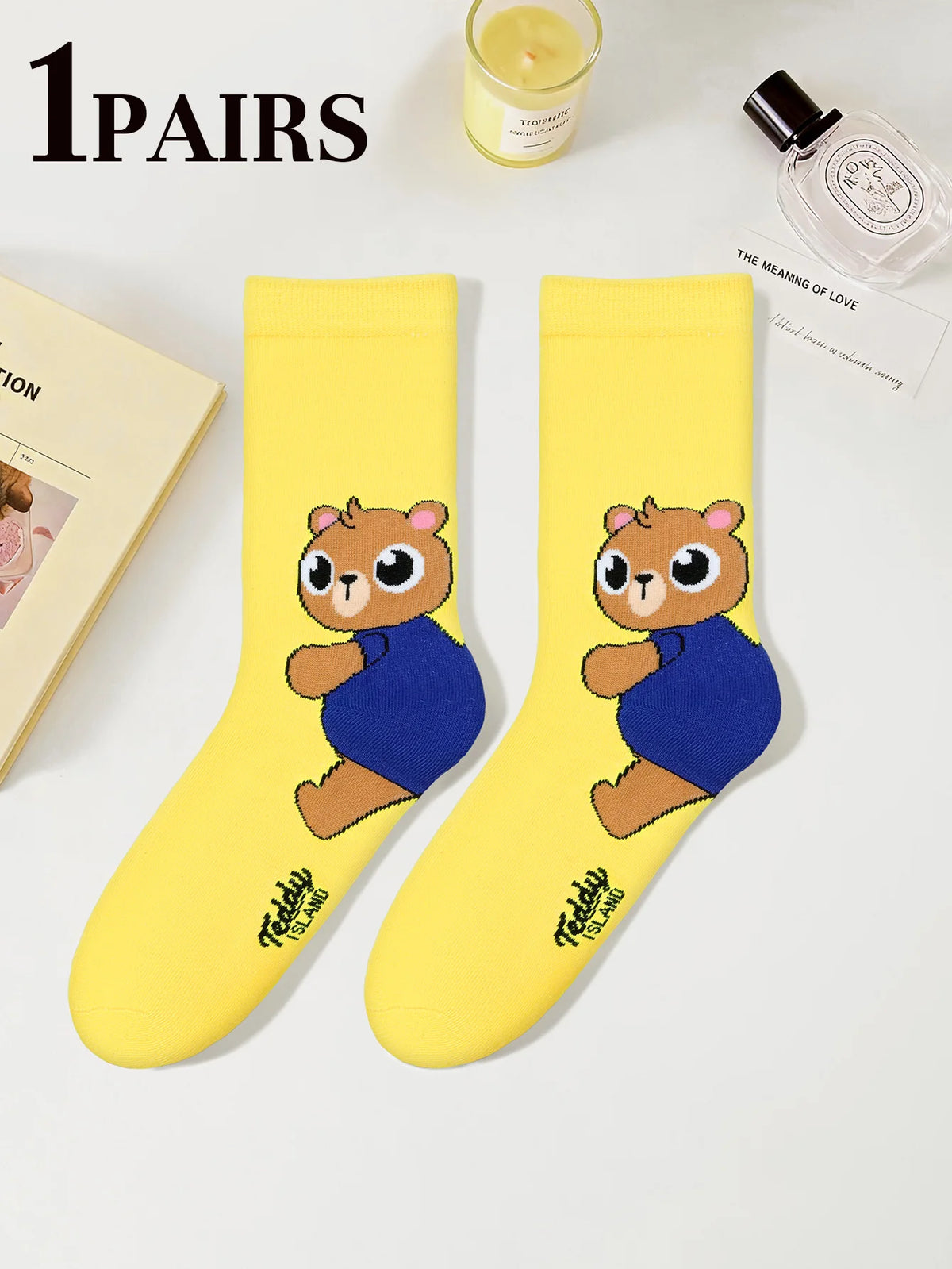 Cute Teddy Bear Print Crew Socks for Women