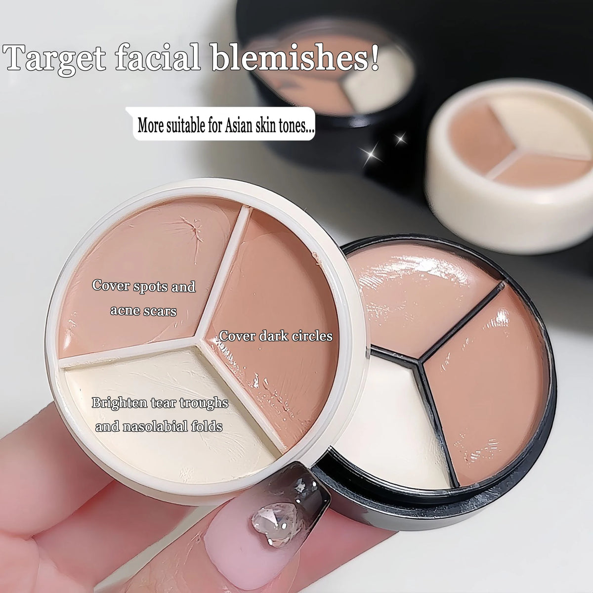 3-Color Cream Concealer Palette for Blemishes and Dark Circles