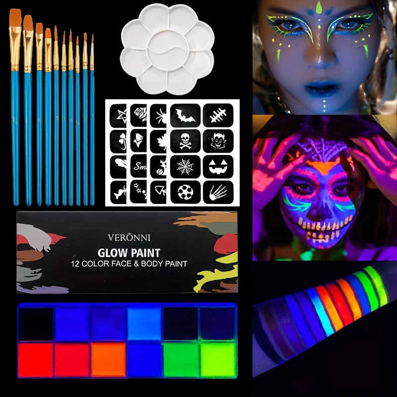 12-Color Professional UV Glow Face and Body Paint Set
