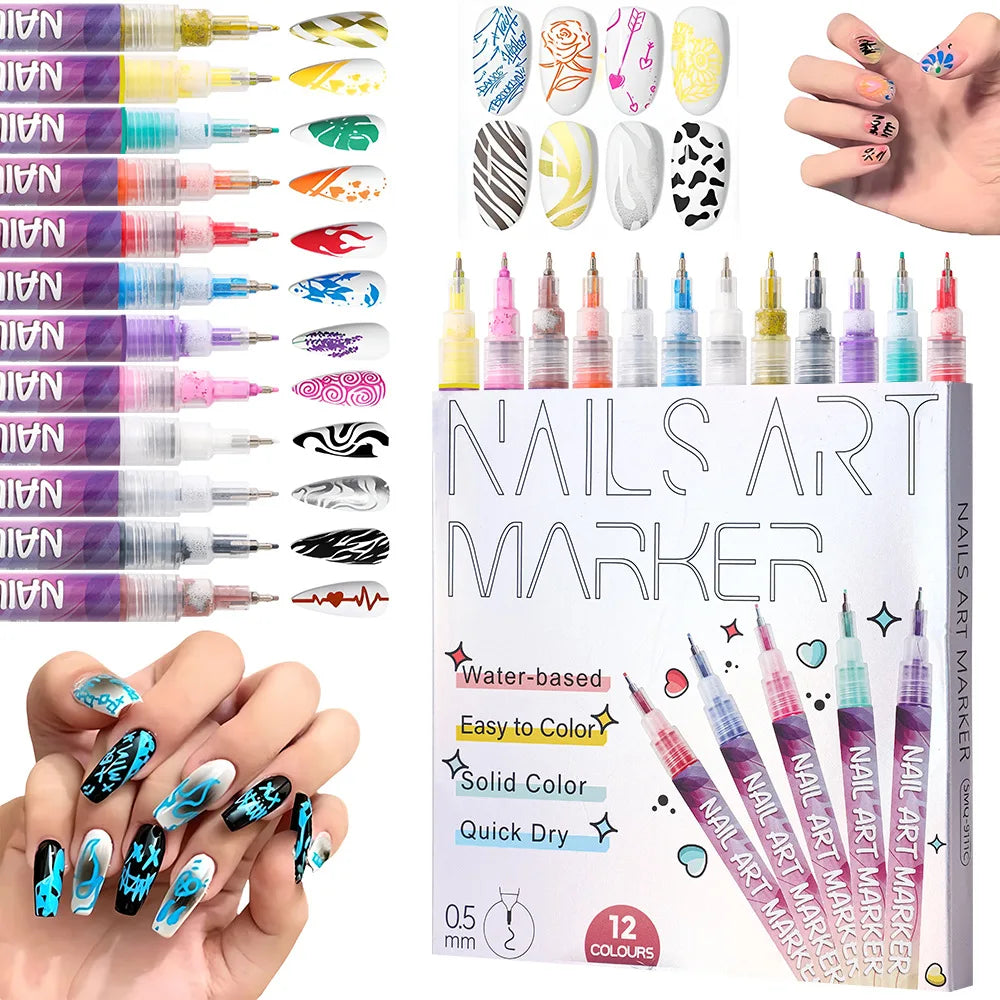 12-Piece Waterproof Nail Art Graffiti Marker Pens for DIY Designs - 2