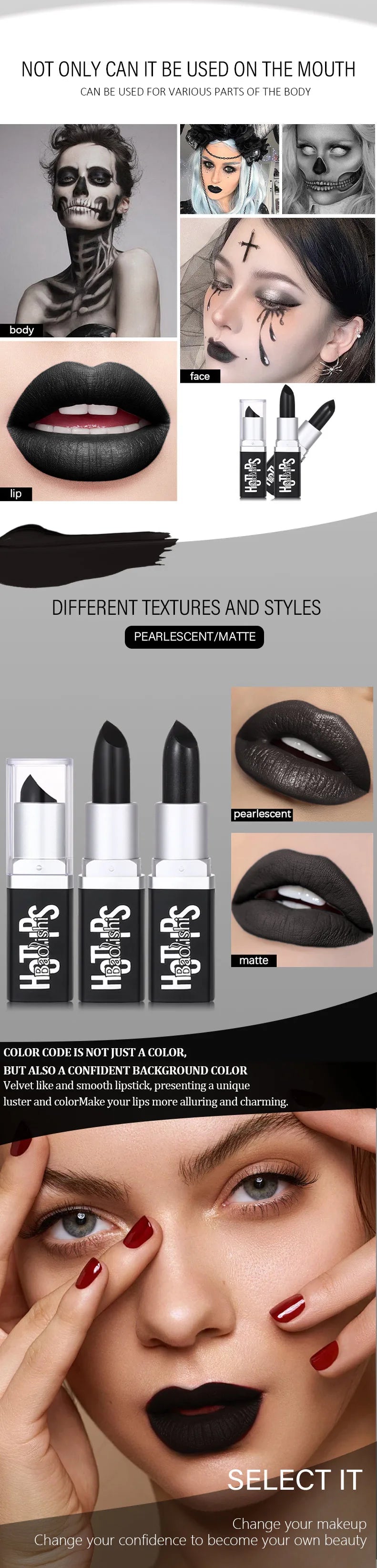 Matte Black Waterproof Lipstick for Halloween and Costume Makeup